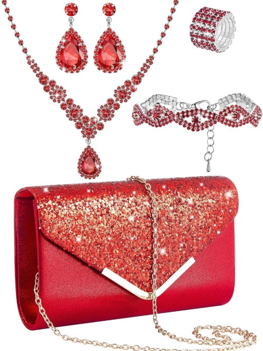 Glam Rhinestone Jewelry Set - 5 Pcs Clutch Purse, Necklace, Earrings & Bracelets